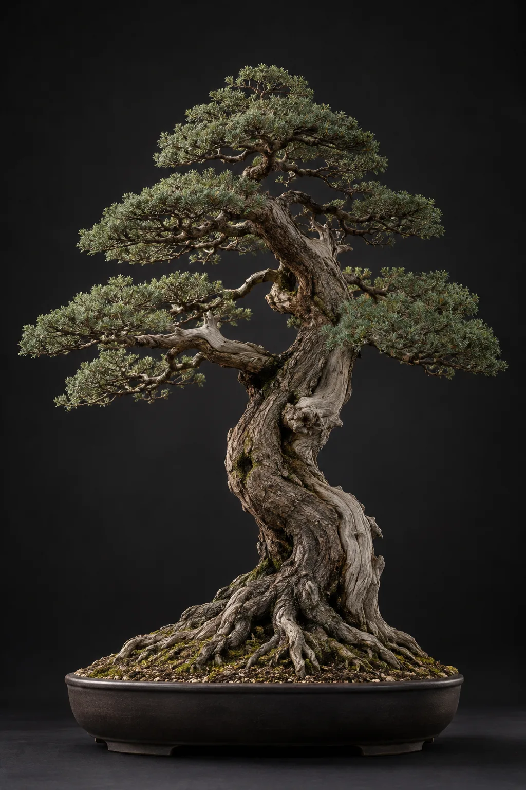 Espécime de bonsai inteiro em vaso escuro, fotografado de frente sobre fundo preto, com as raízes, o tronco, os galhos e o ápice visíveis