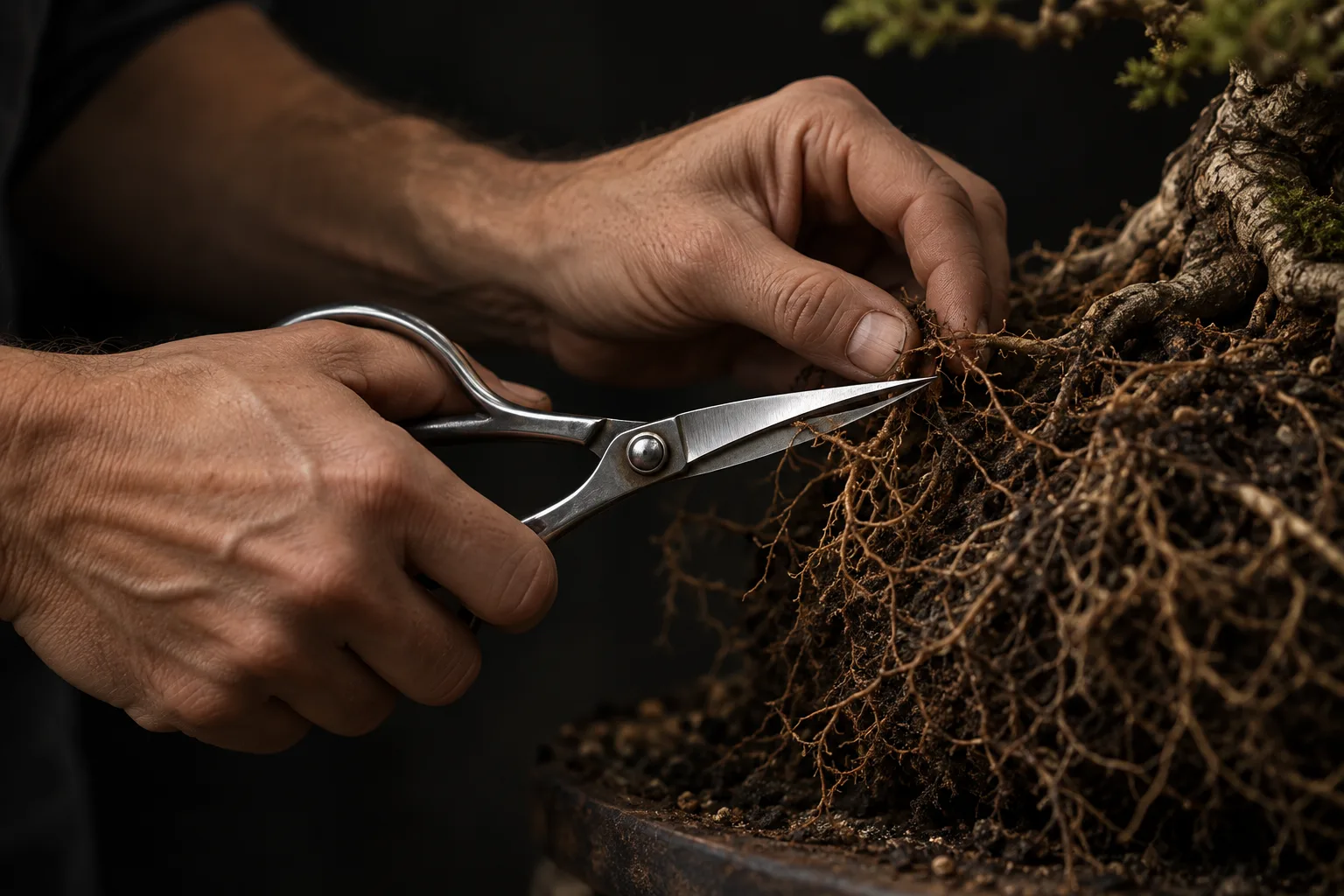 Duas mãos ajustando com uma tesoura as raízes finas de um bonsai, sobre fundo escuro