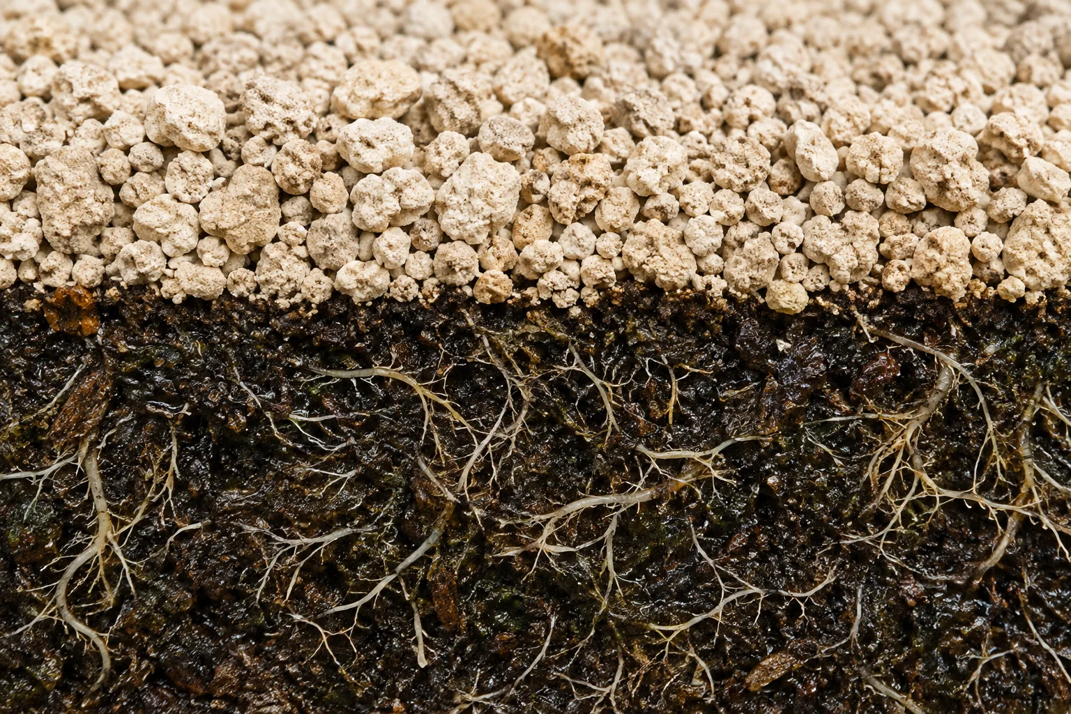 Corte do substrato de um bonsai: a camada clara de akadama na superfície e, abaixo dela, a terra escura atravessada por raízes finas