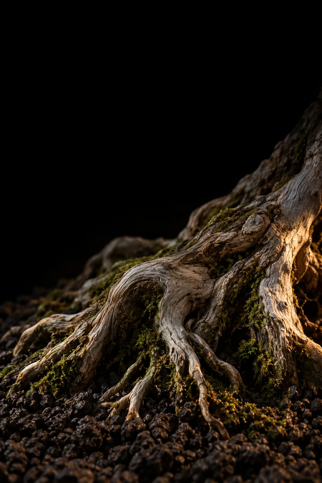 Raízes superficiais de um bonsai antigo agarrando o solo escuro, iluminadas de lado