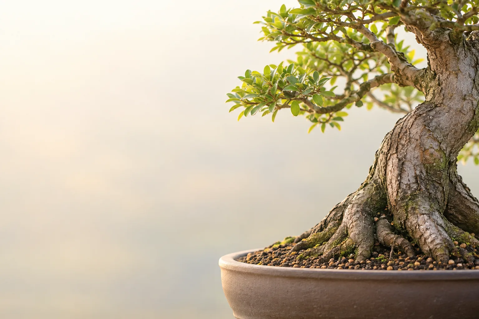 Bonsai saudável em vaso, fotografado contra uma luz clara de manhã